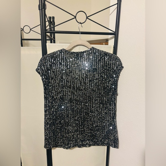 CeCe Sequin Short Sleeve Top in Sheer Black and Silver - Picture 5 of 6